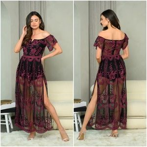 OFF SHOULDER ALL OVER LACE MAXI DRESS